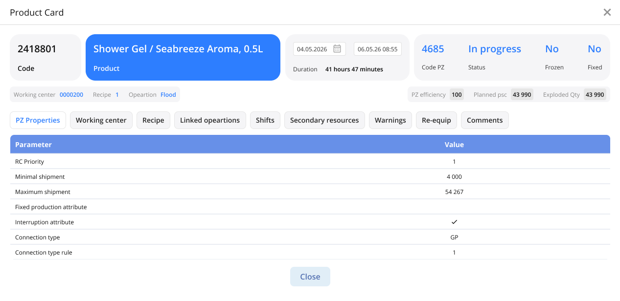 Example of a Production Order Card from Knowledge Space Scheduling