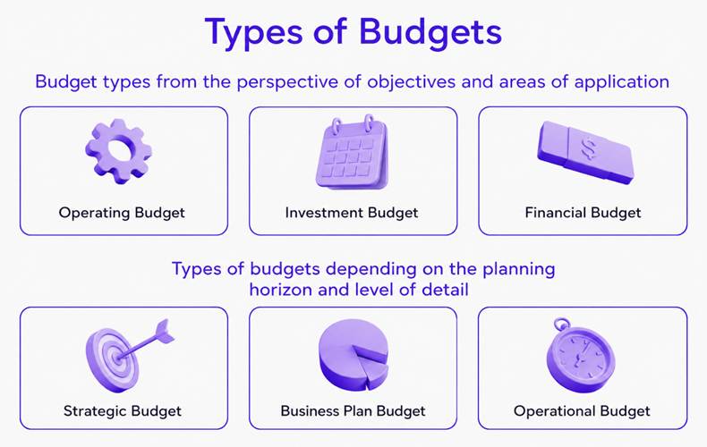 Types of budgets: operating budget, investment budget, financial budget, etc.